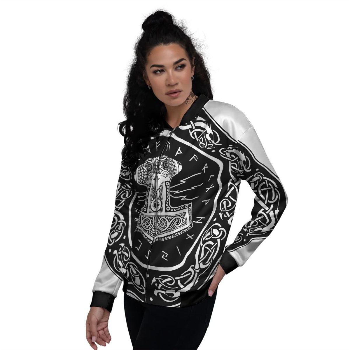 Mjolnir White And Black Print Women's Bomber Jacket-grizzshop