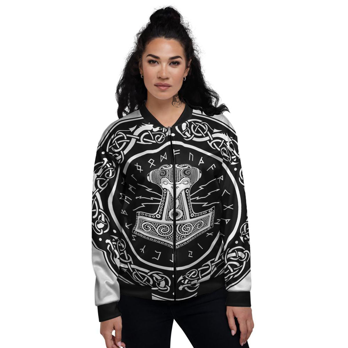 Mjolnir White And Black Print Women's Bomber Jacket-grizzshop