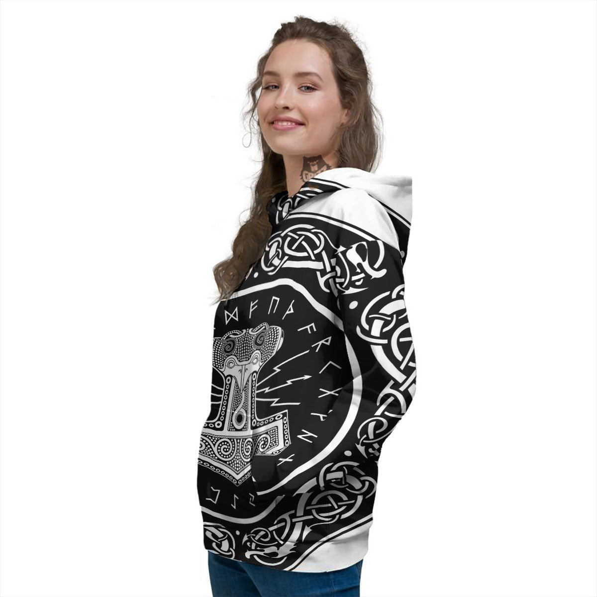 Mjolnir White And Black Print Women's Hoodie-grizzshop