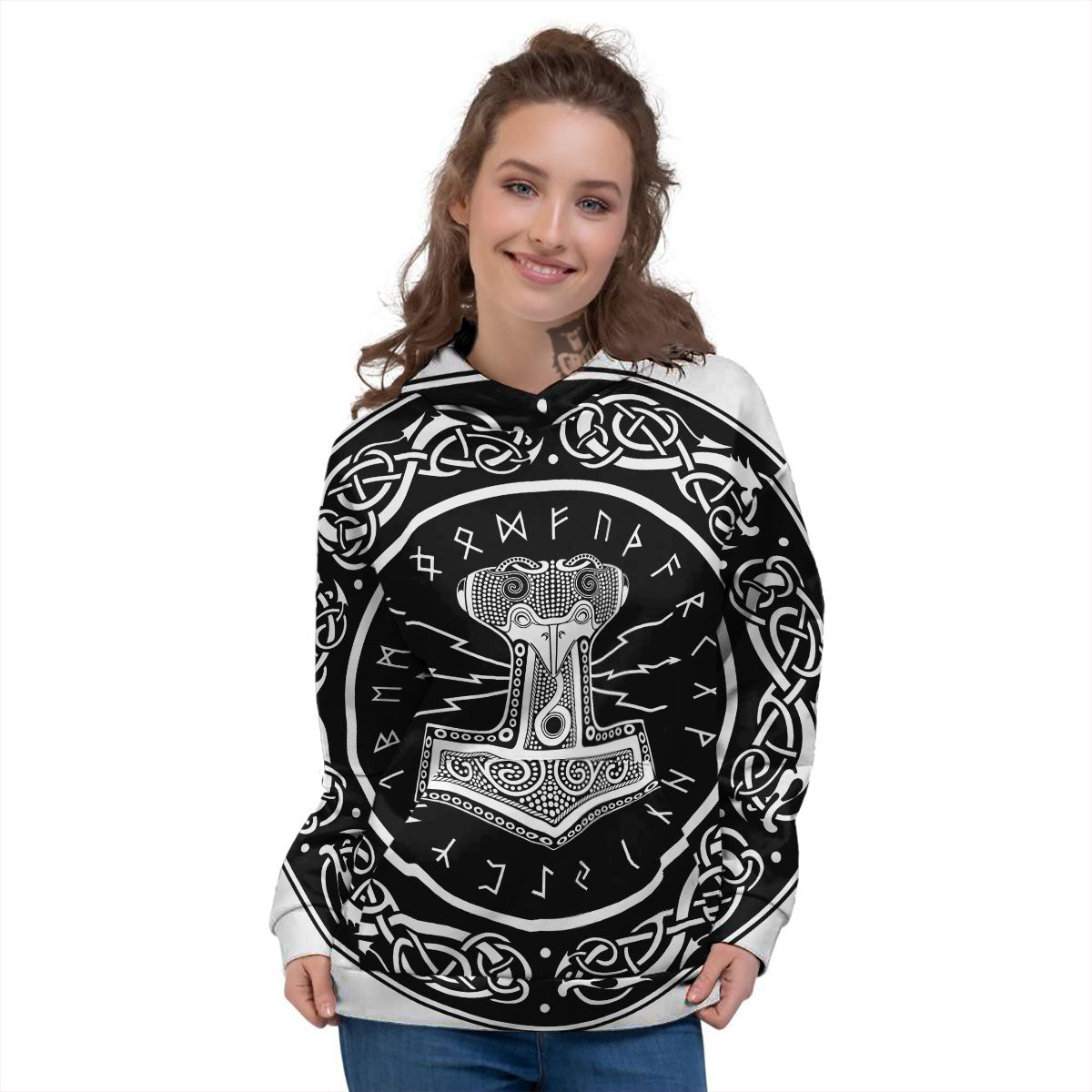 Mjolnir White And Black Print Women's Hoodie-grizzshop