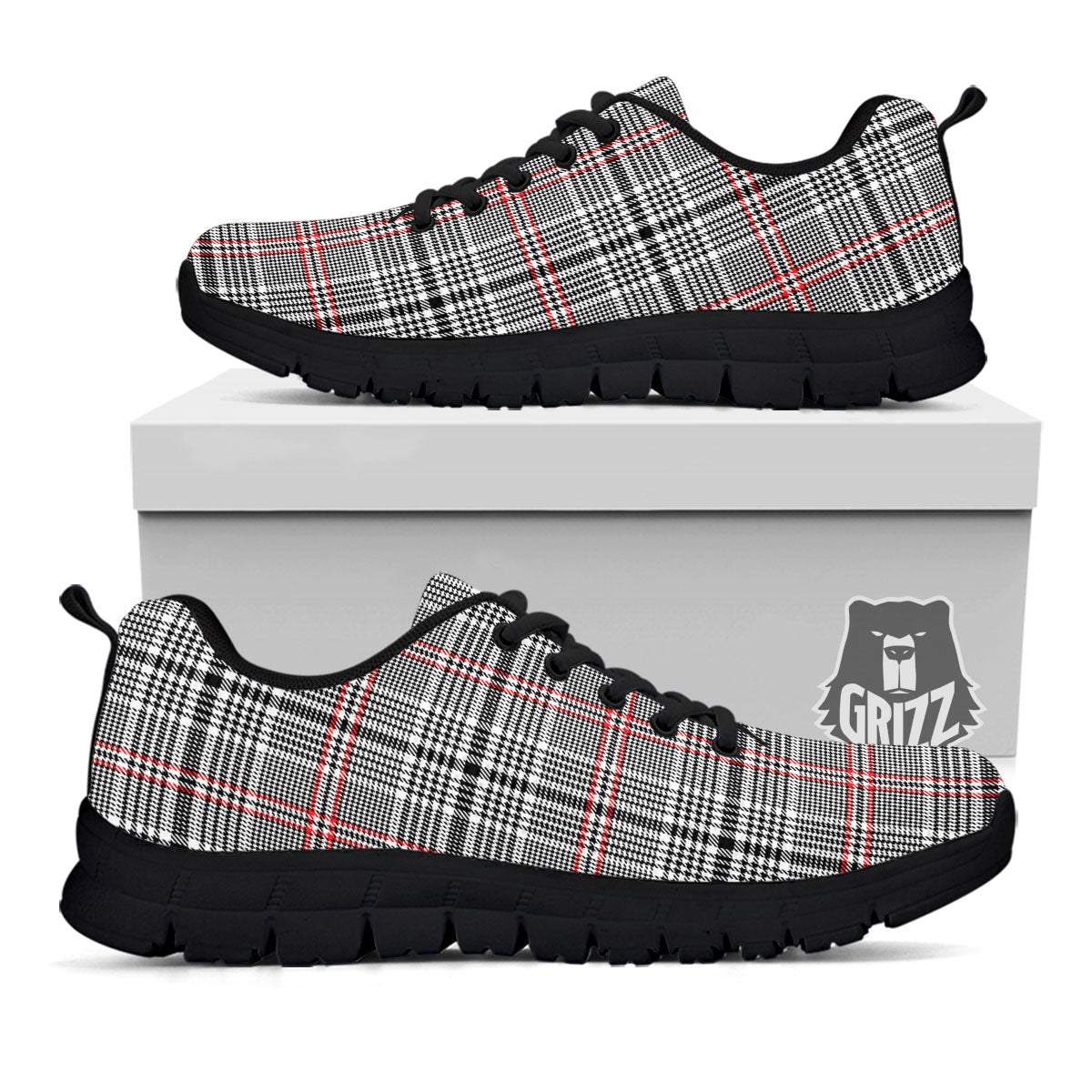 Modern Tartan Plaid White And Black Red Print Black Sneaker-grizzshop