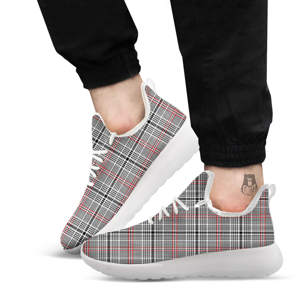 Modern Tartan Plaid White And Black Red Print White Athletic Shoes-grizzshop