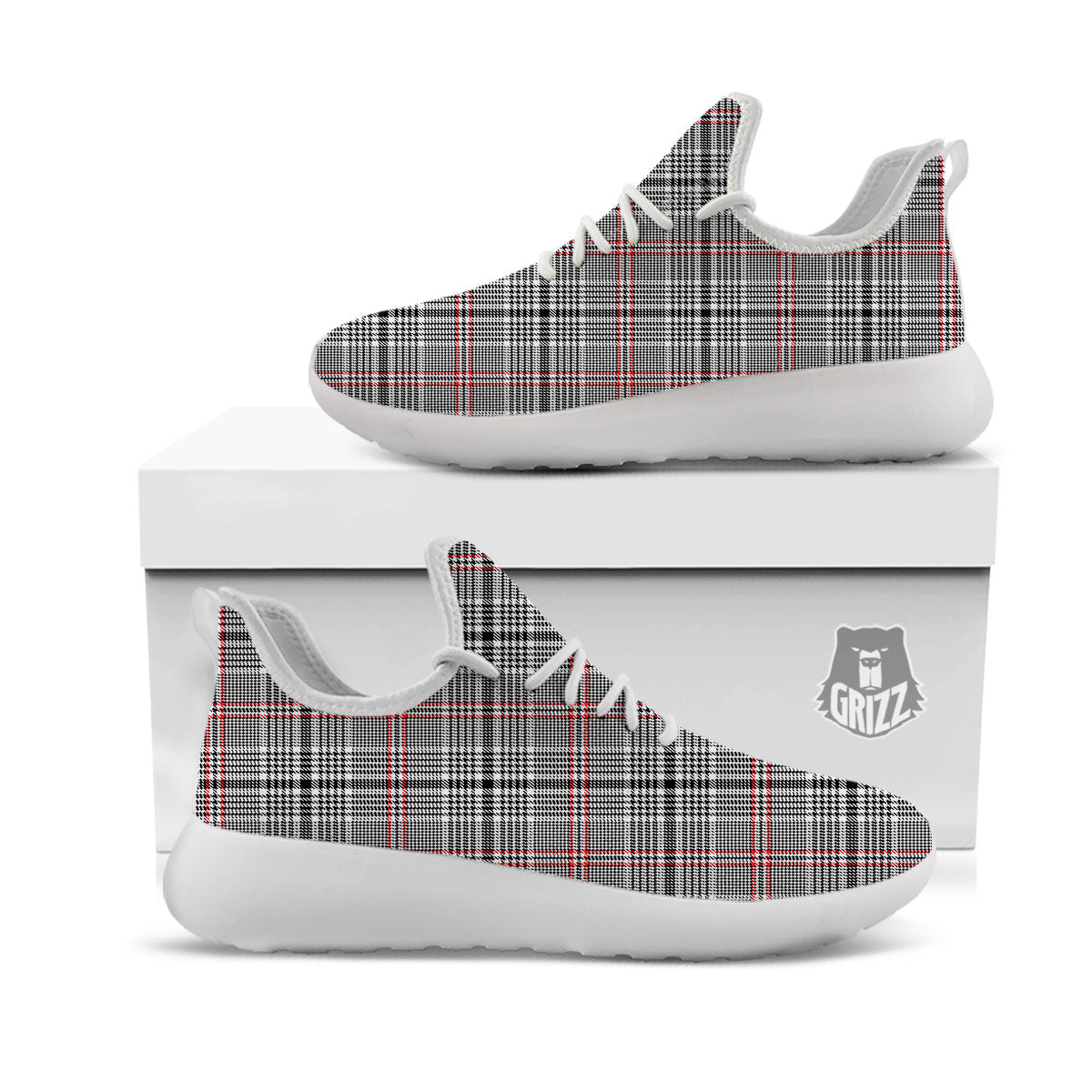 Modern Tartan Plaid White And Black Red Print White Athletic Shoes-grizzshop