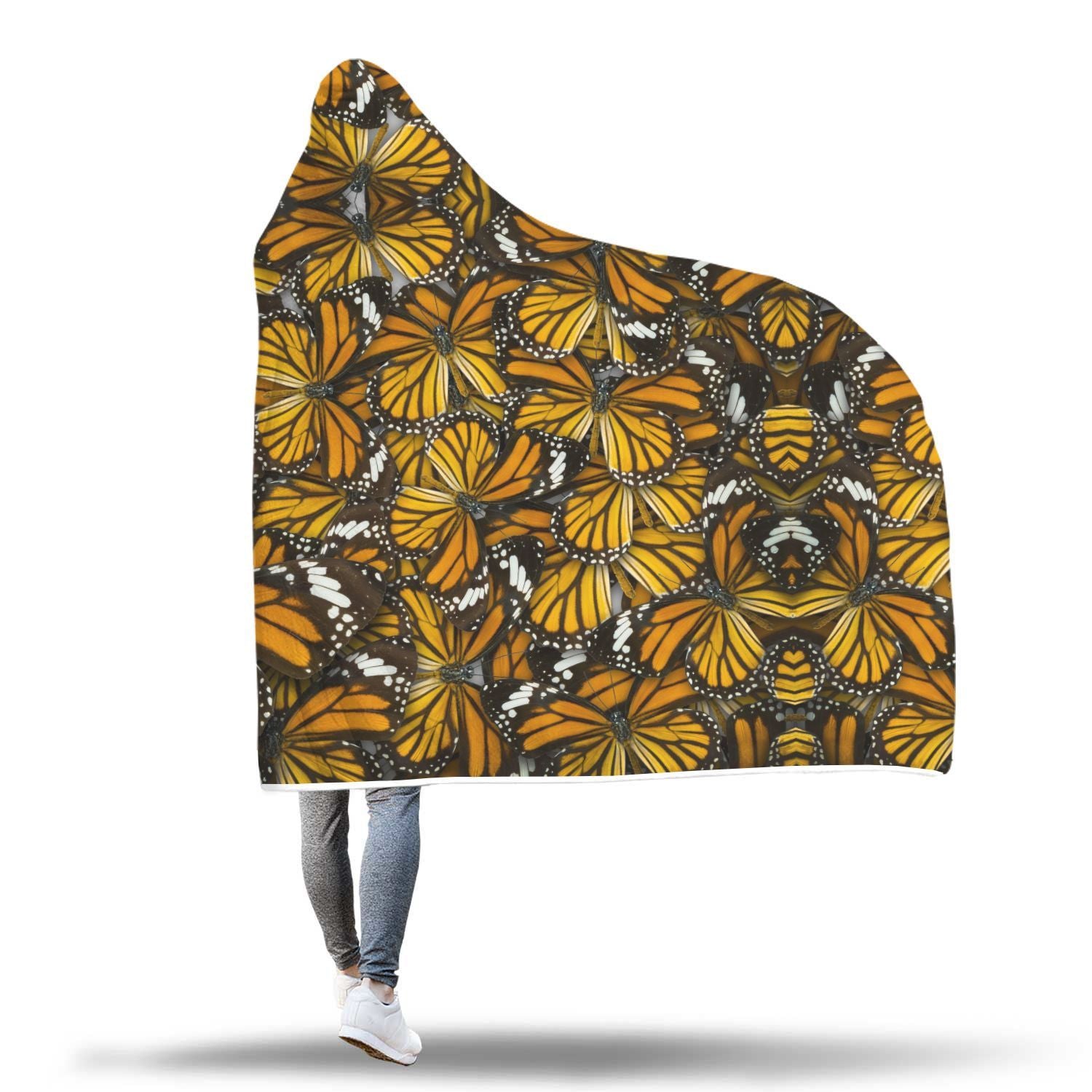 Monarch Butterfly Pattern Print Hooded Blanket-grizzshop