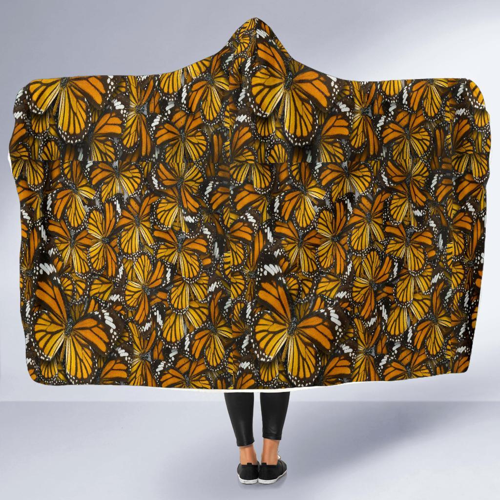 Monarch Butterfly Pattern Print Hooded Blanket-grizzshop