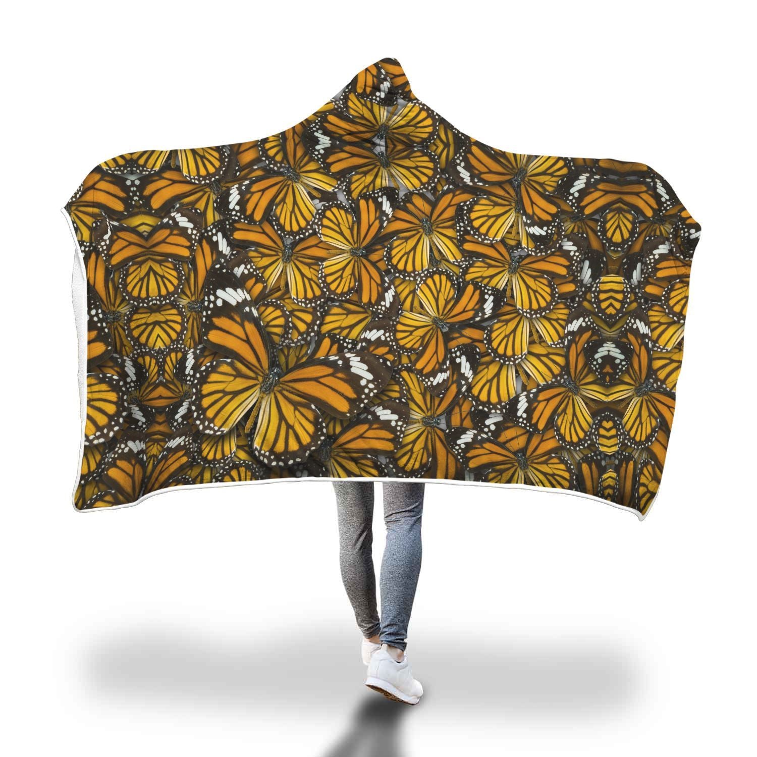Monarch Butterfly Pattern Print Hooded Blanket-grizzshop