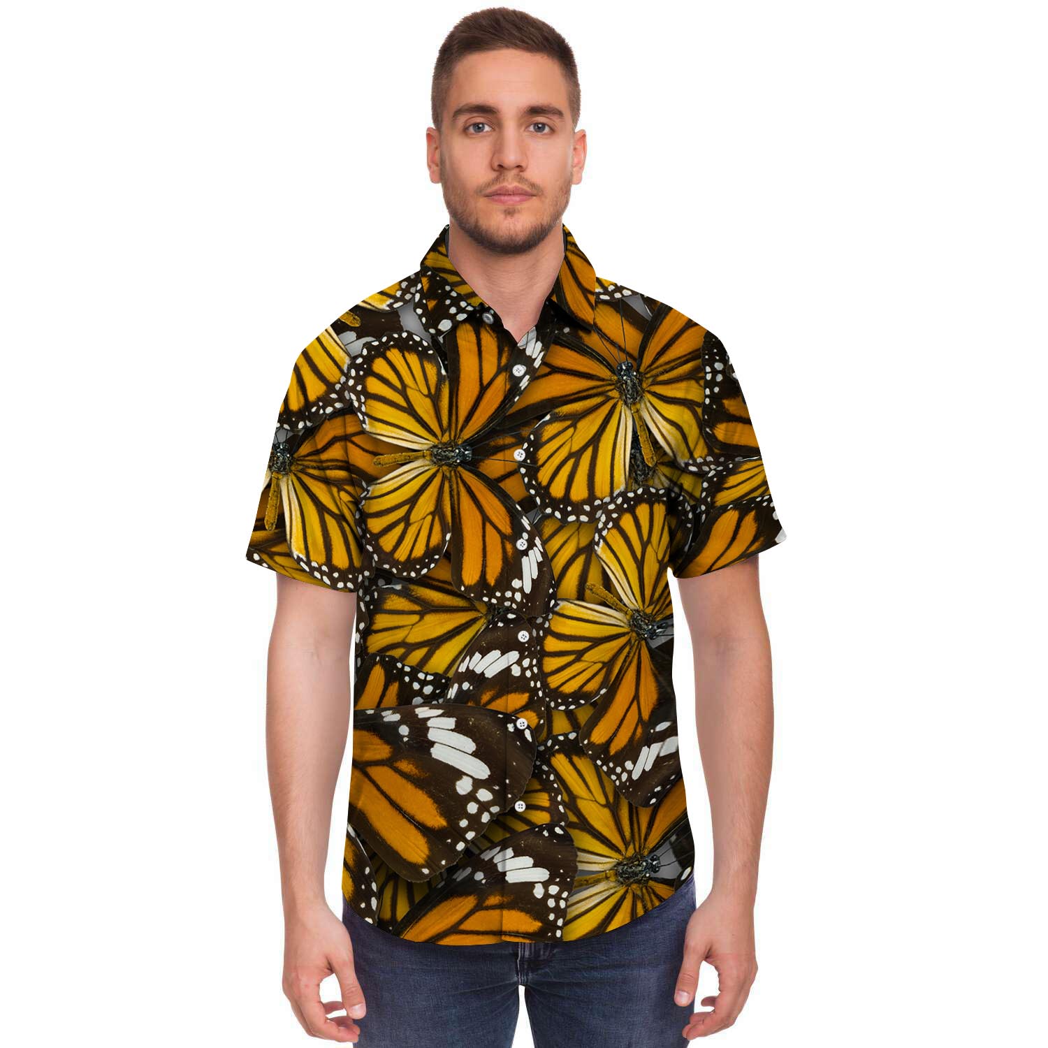 Monarch Butterfly Pattern Print Men's Short Sleeve Shirt-grizzshop