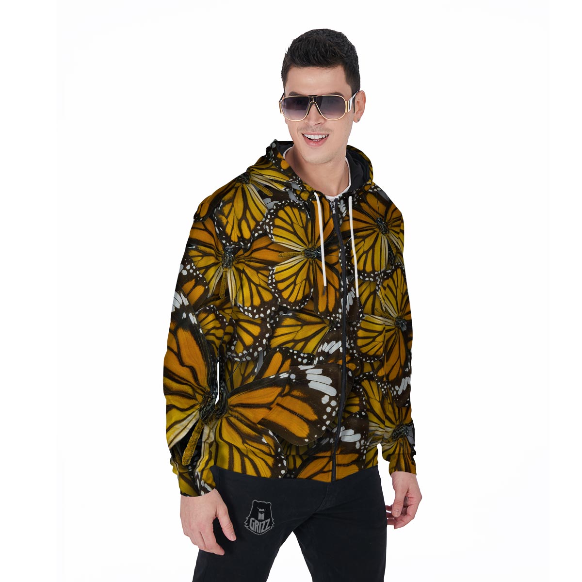 Monarch Butterfly Pattern Print Men's Zip Up Hoodie-grizzshop