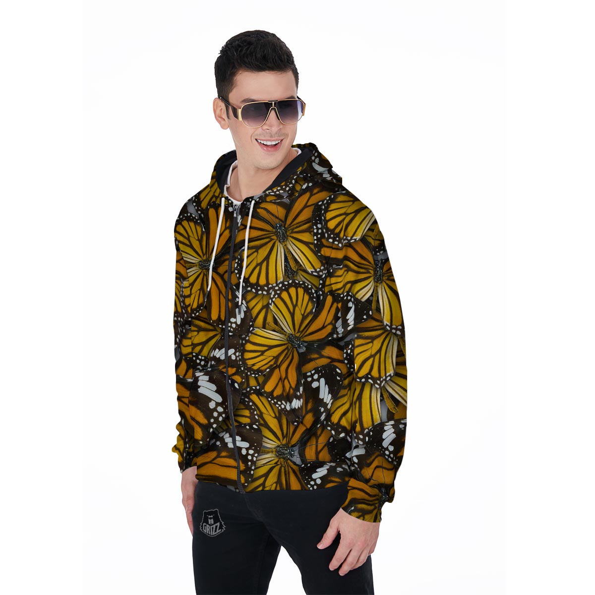 Monarch Butterfly Pattern Print Men's Zip Up Hoodie-grizzshop