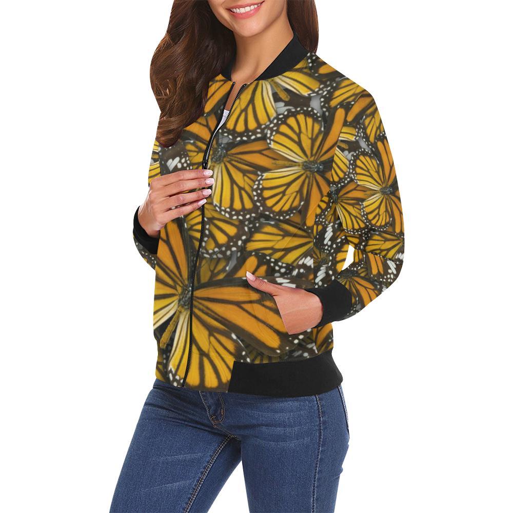 Monarch Butterfly Pattern Print Women Casual Bomber Jacket-grizzshop