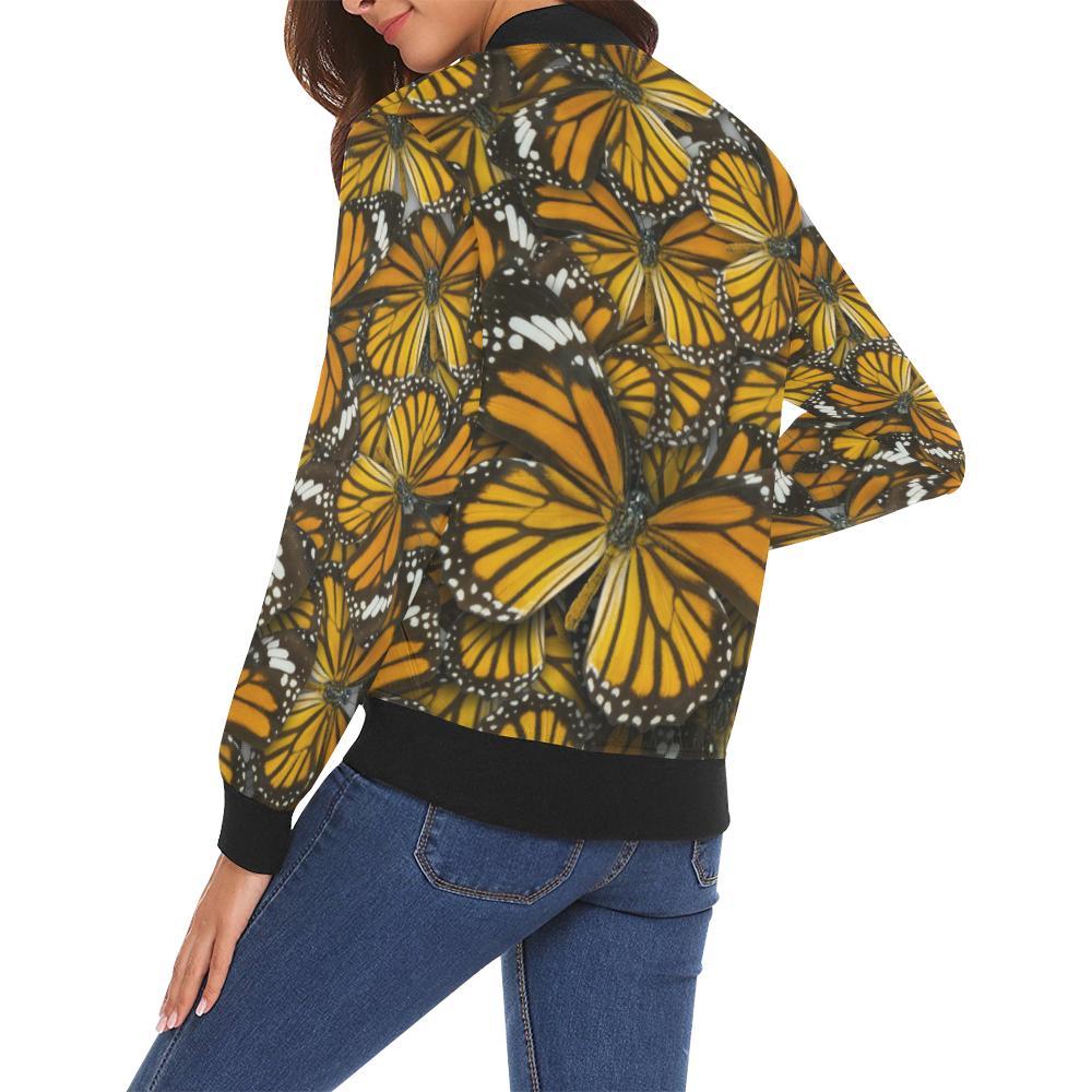 Monarch Butterfly Pattern Print Women Casual Bomber Jacket-grizzshop