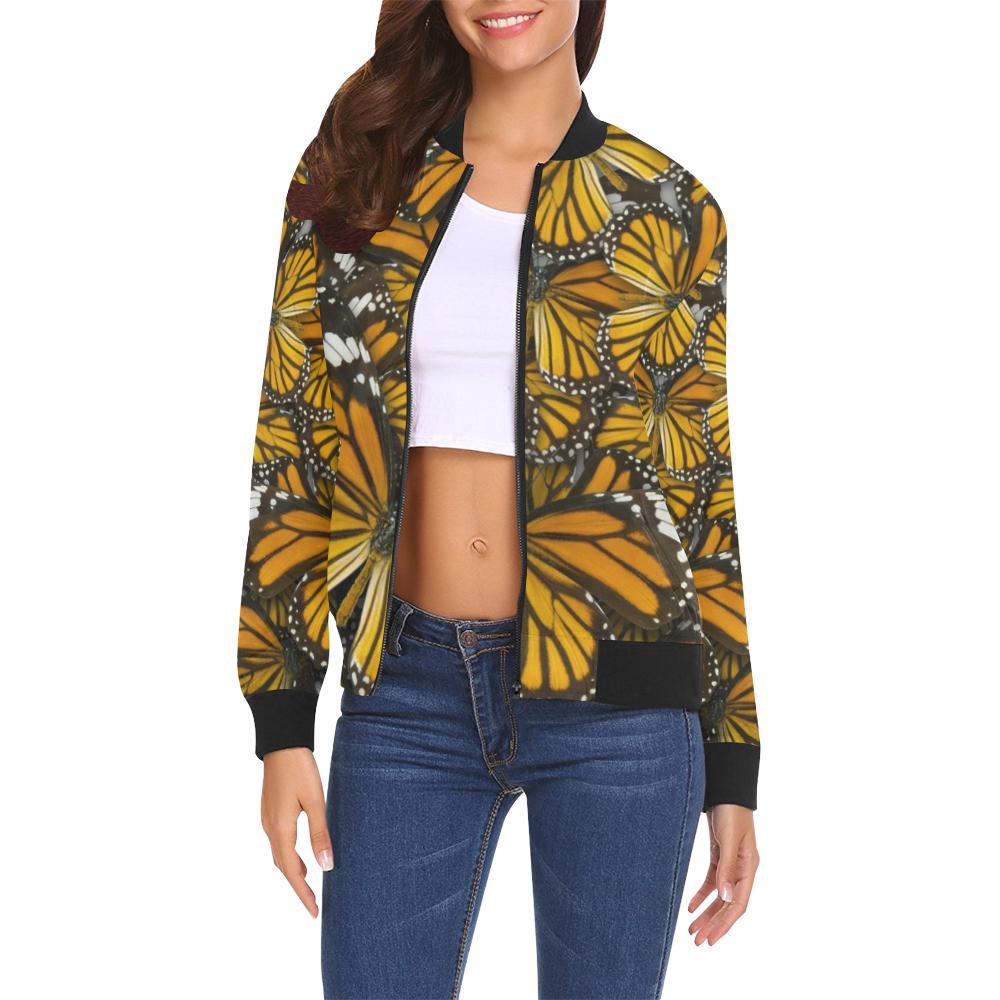 Monarch Butterfly Pattern Print Women Casual Bomber Jacket-grizzshop