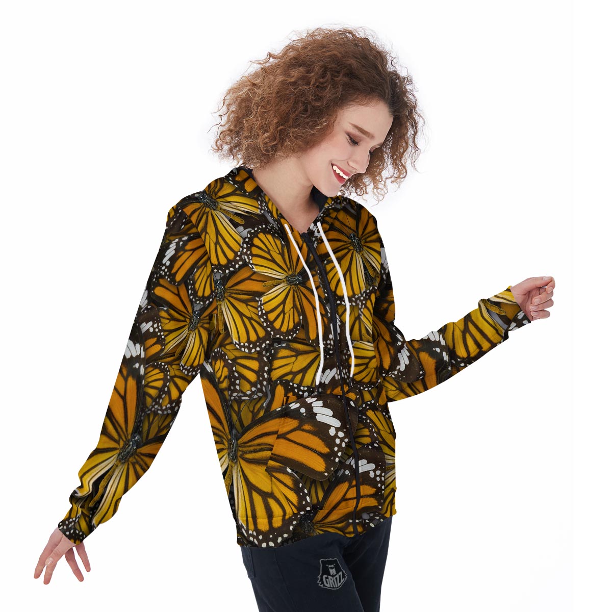 Monarch Butterfly Pattern Print Women's Zip Up Hoodie-grizzshop