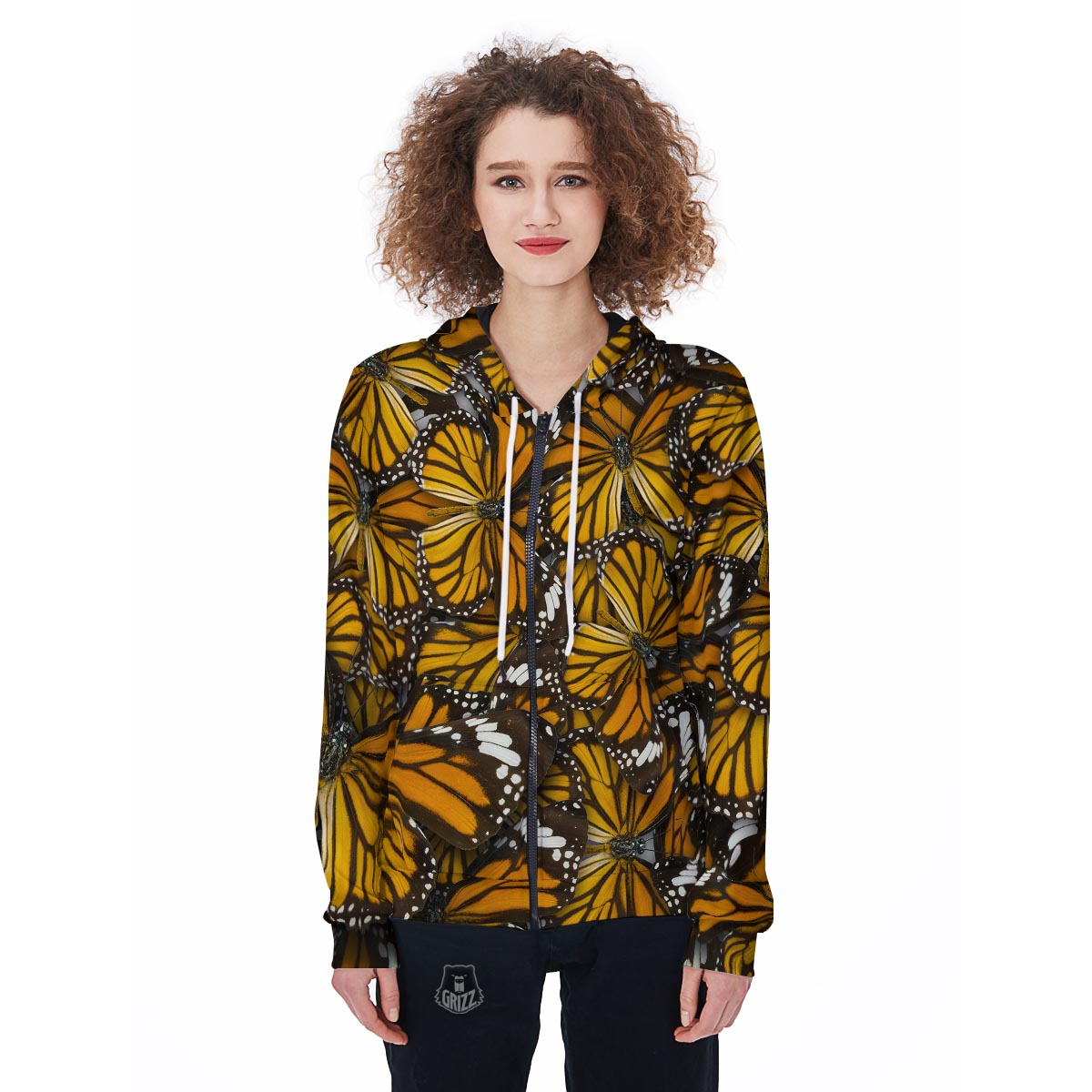 Monarch Butterfly Pattern Print Women's Zip Up Hoodie-grizzshop