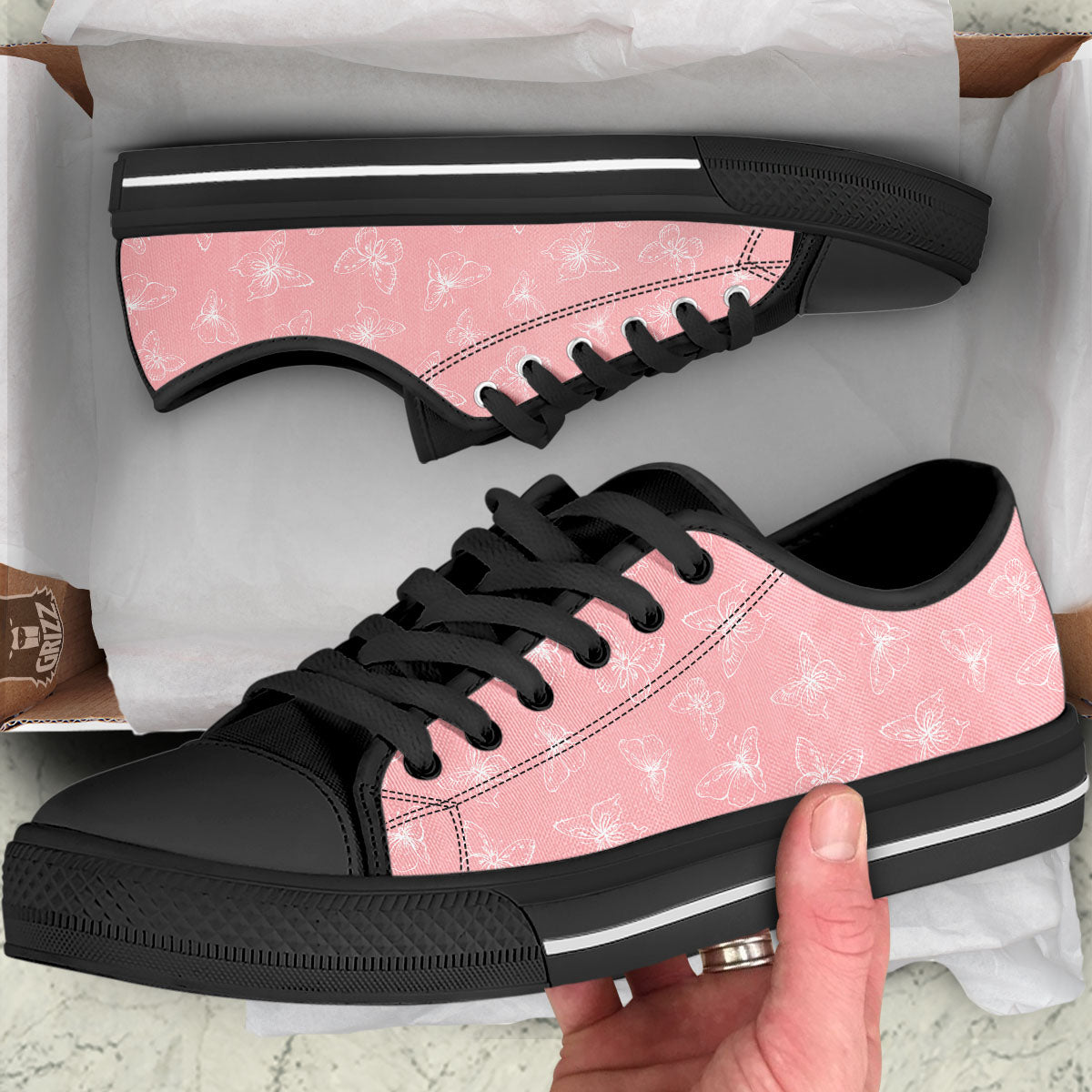 Monarch Butterfly Pink Print Pattern Black Low Top Shoes-grizzshop