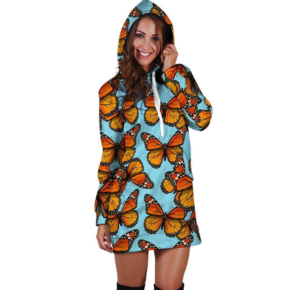 Monarch Butterfly Print Hoodie Dress-grizzshop