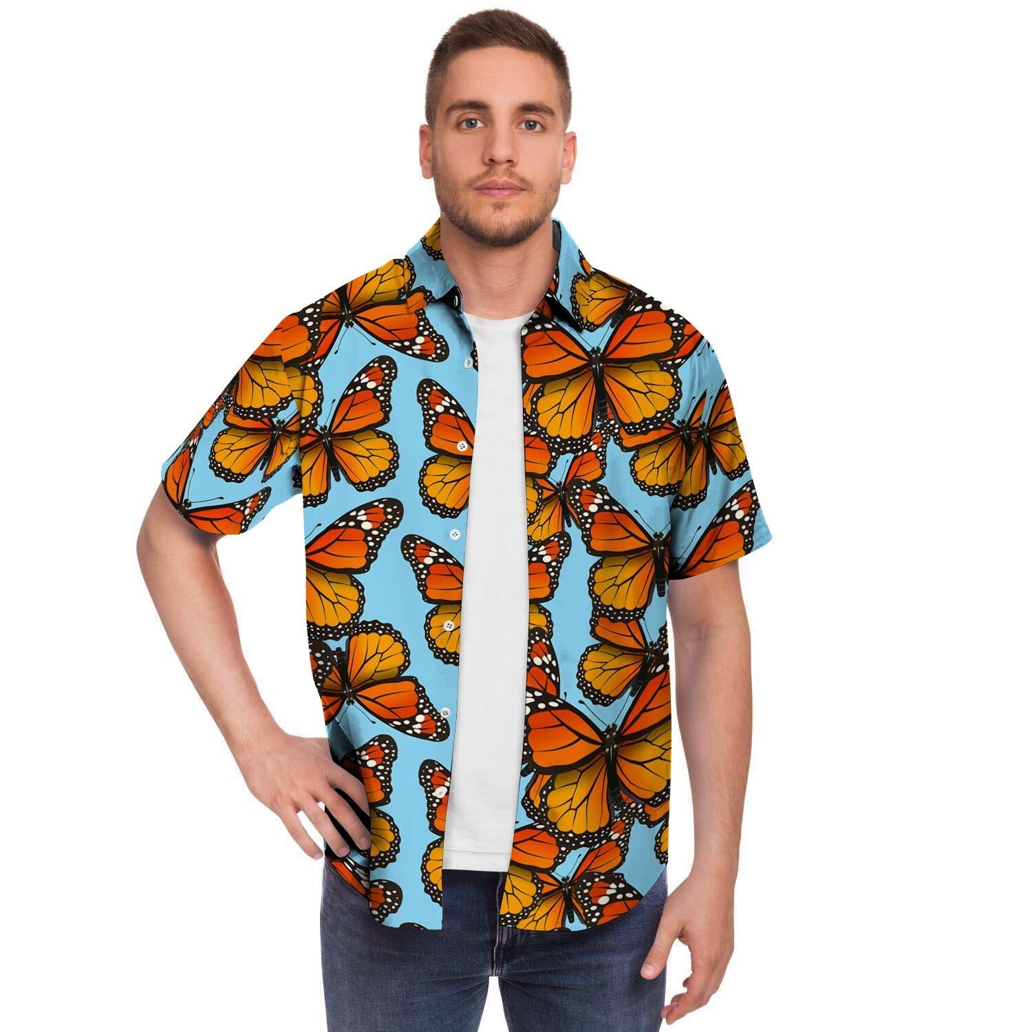 Monarch Butterfly Print Men's Short Sleeve Shirt-grizzshop