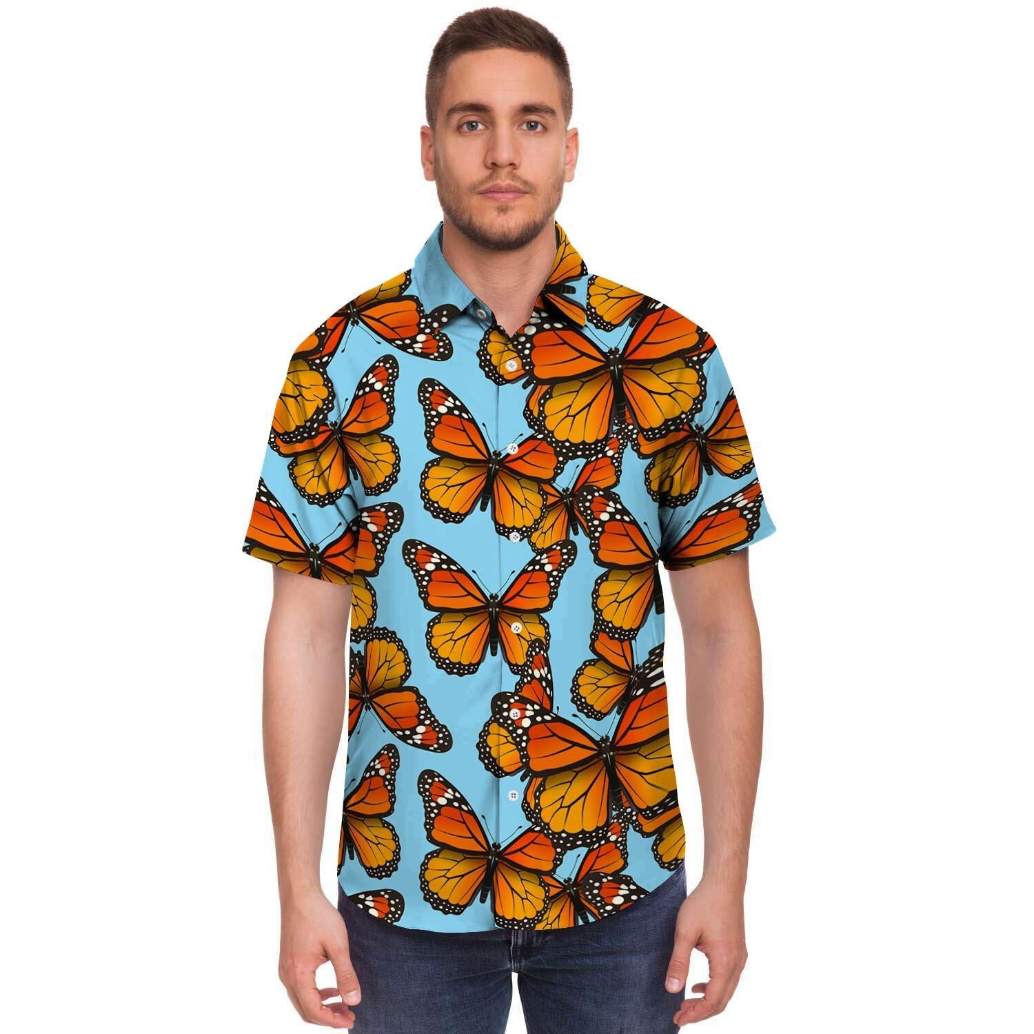 Monarch Butterfly Print Men's Short Sleeve Shirt-grizzshop
