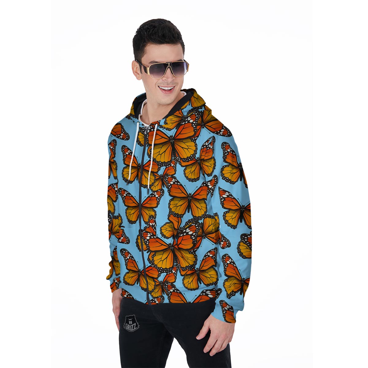 Monarch Butterfly Print Men's Zip Up Hoodie-grizzshop