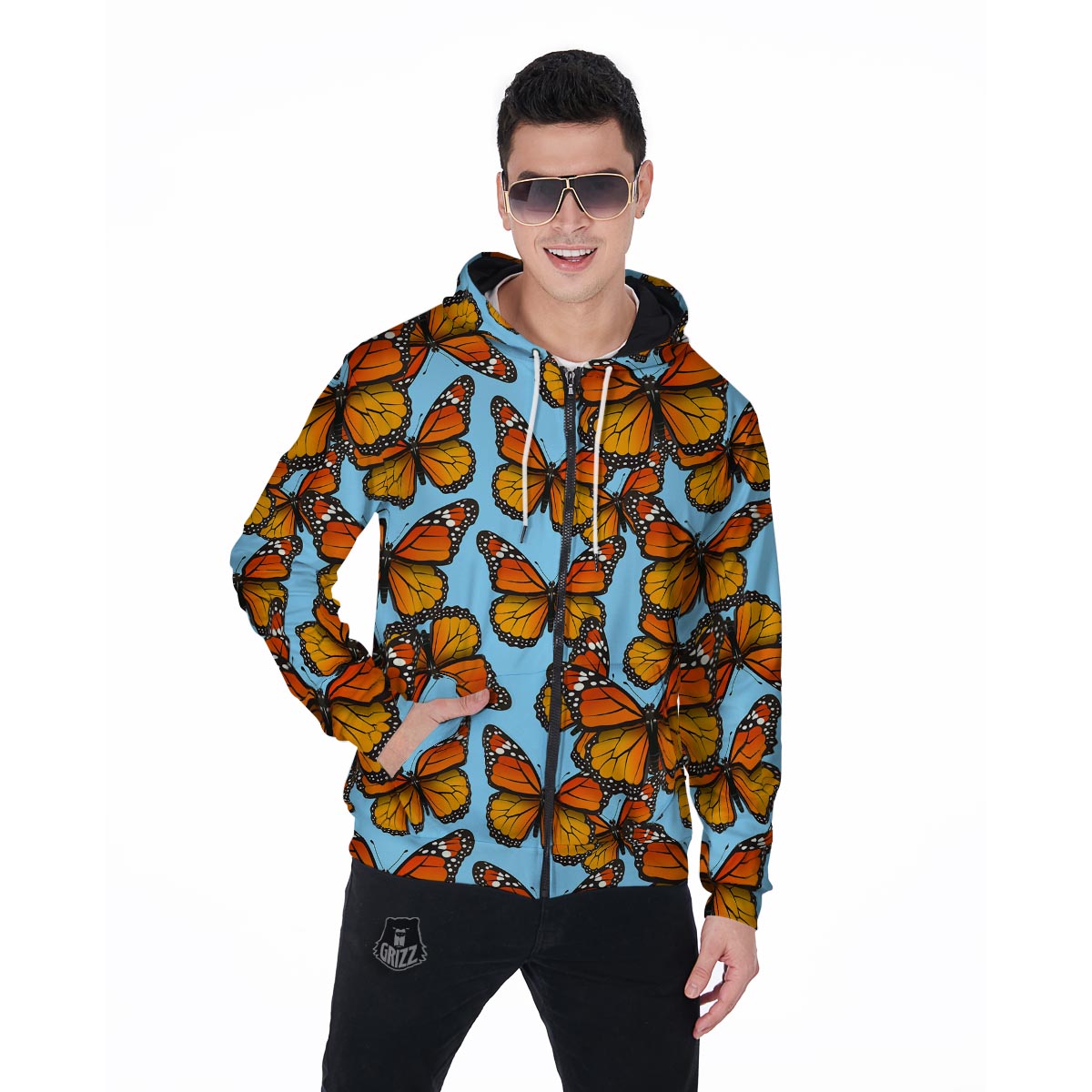Monarch Butterfly Print Men's Zip Up Hoodie-grizzshop