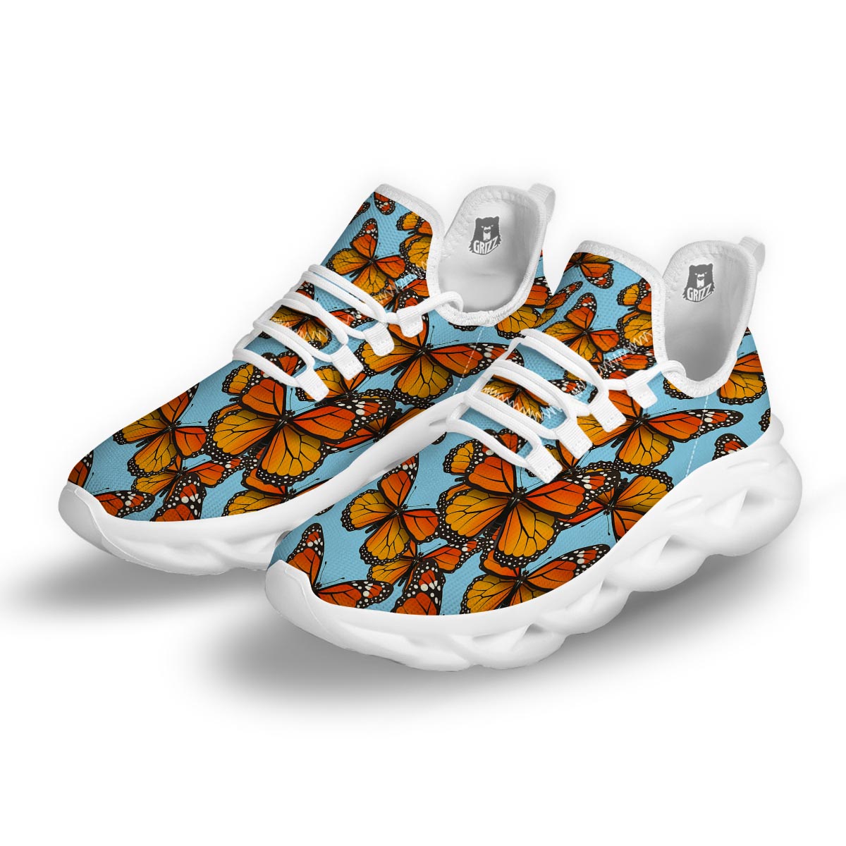 Monarch Butterfly Print White Running Shoes-grizzshop