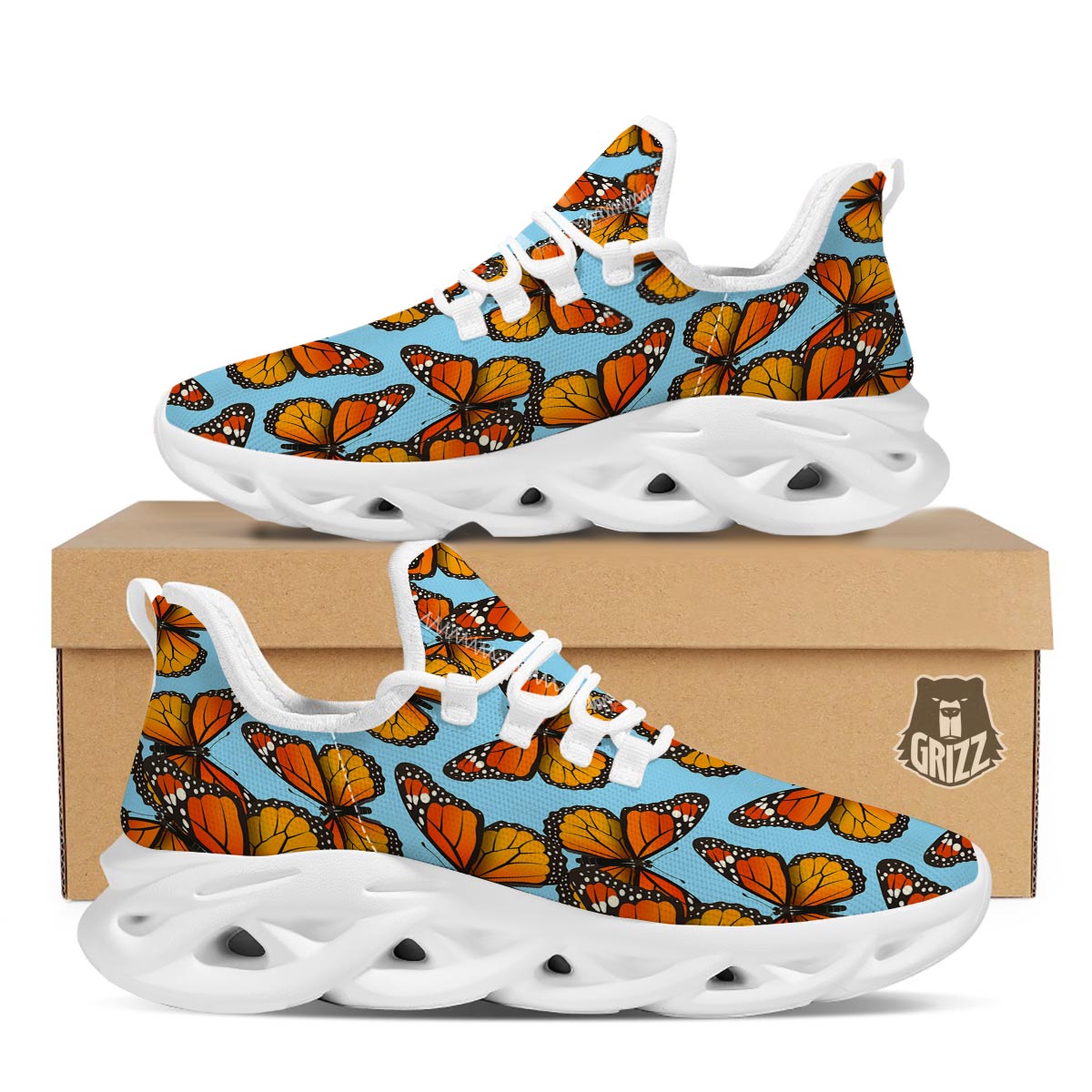 Monarch Butterfly Print White Running Shoes-grizzshop