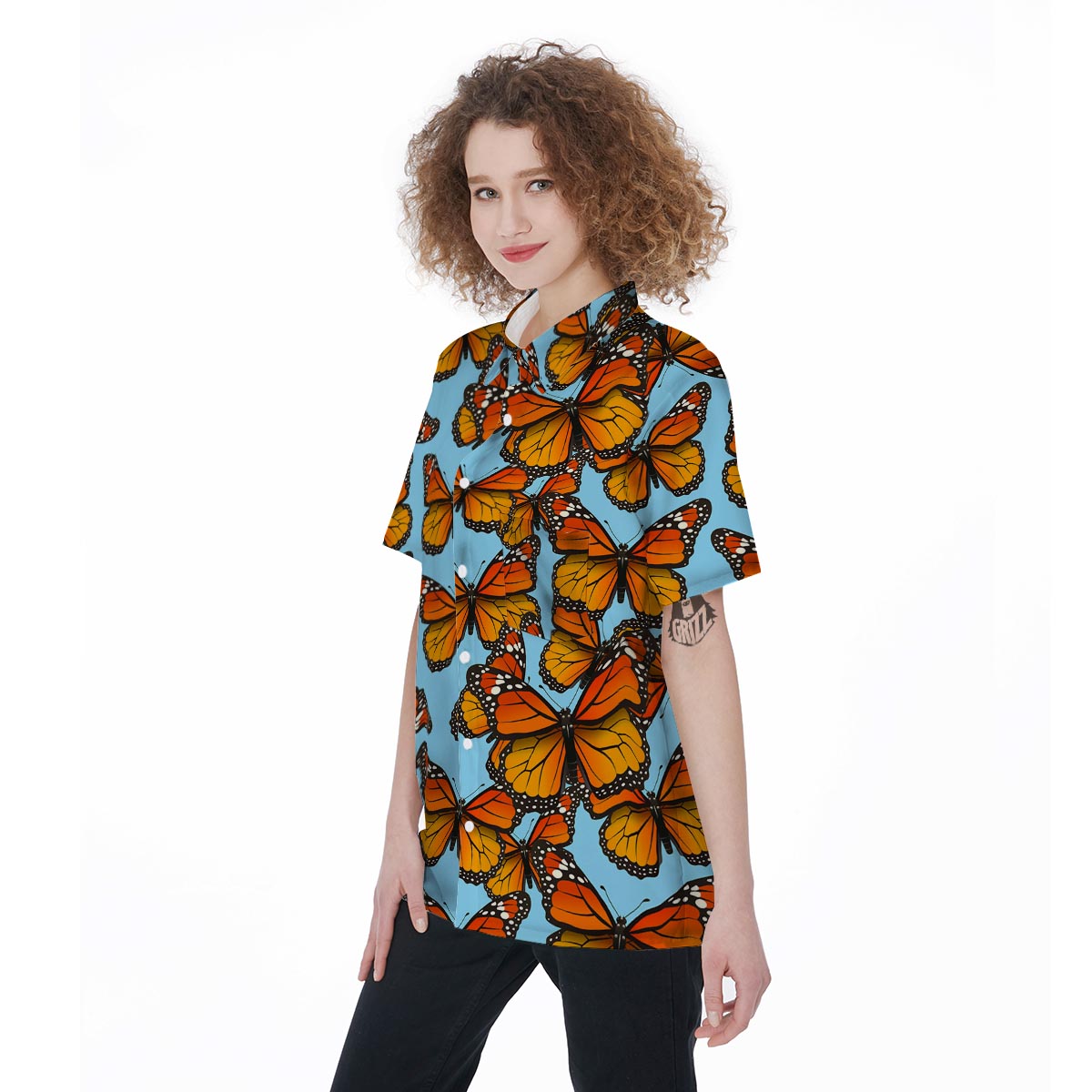Monarch Butterfly Print Women's Short Sleeve Shirts-grizzshop