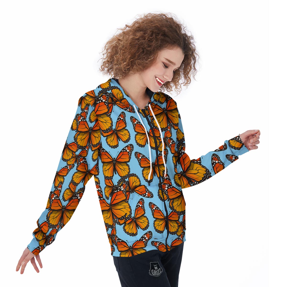 Monarch Butterfly Print Women's Zip Up Hoodie-grizzshop