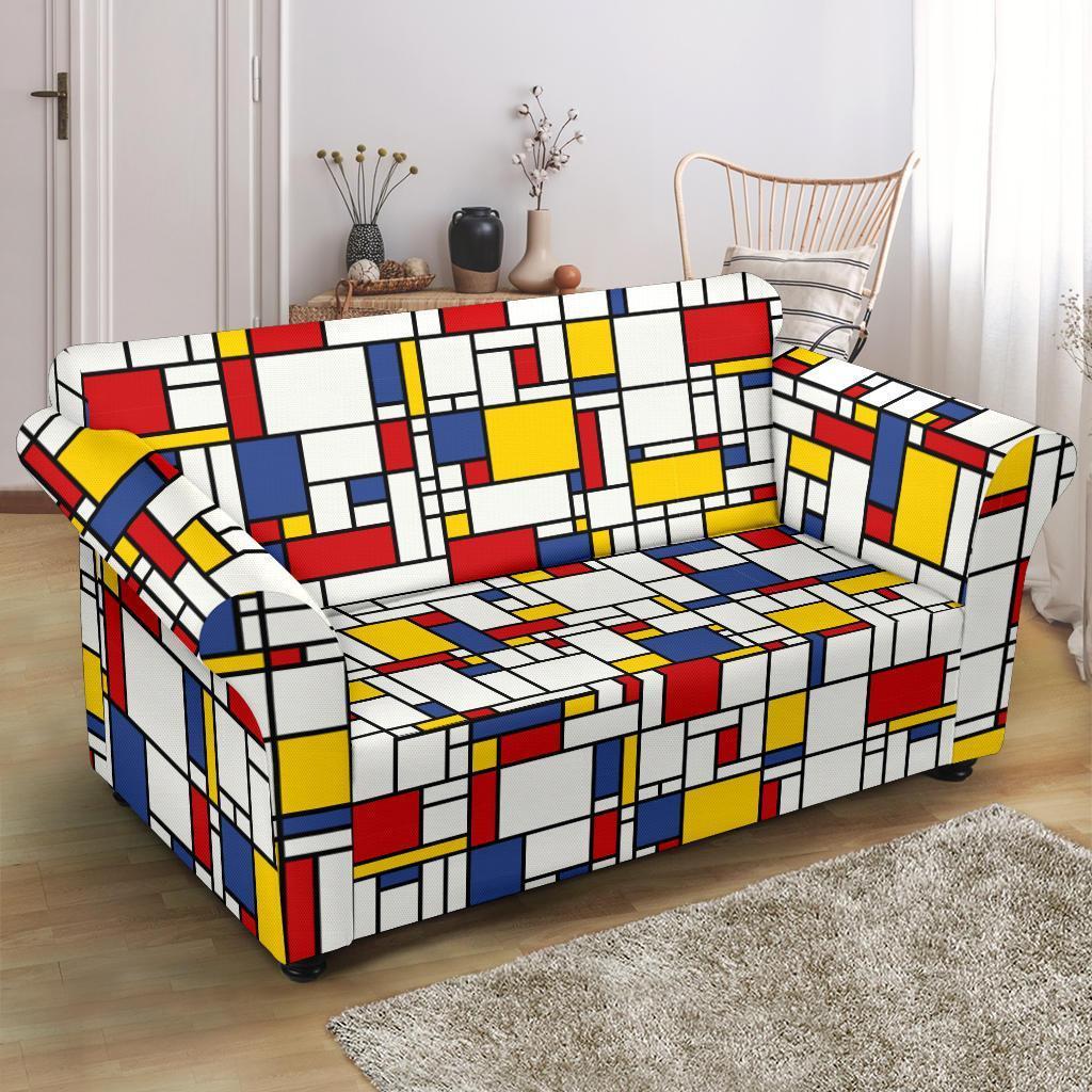 Mondrian Pattern Print Loveseat Cover-grizzshop