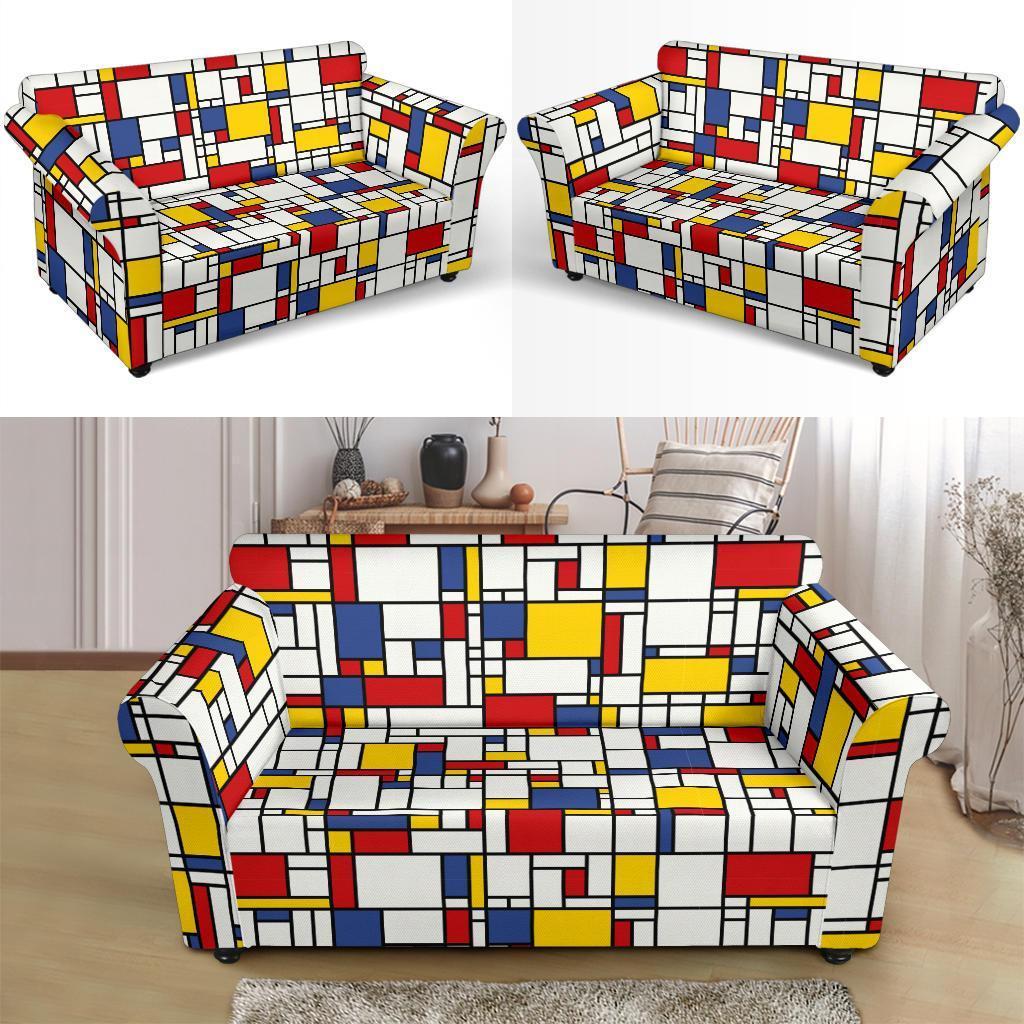 Mondrian Pattern Print Loveseat Cover-grizzshop