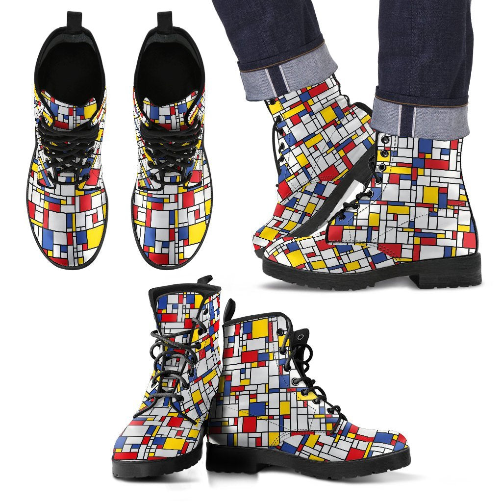 Mondrian Pattern Print Men Women Leather Boots-grizzshop