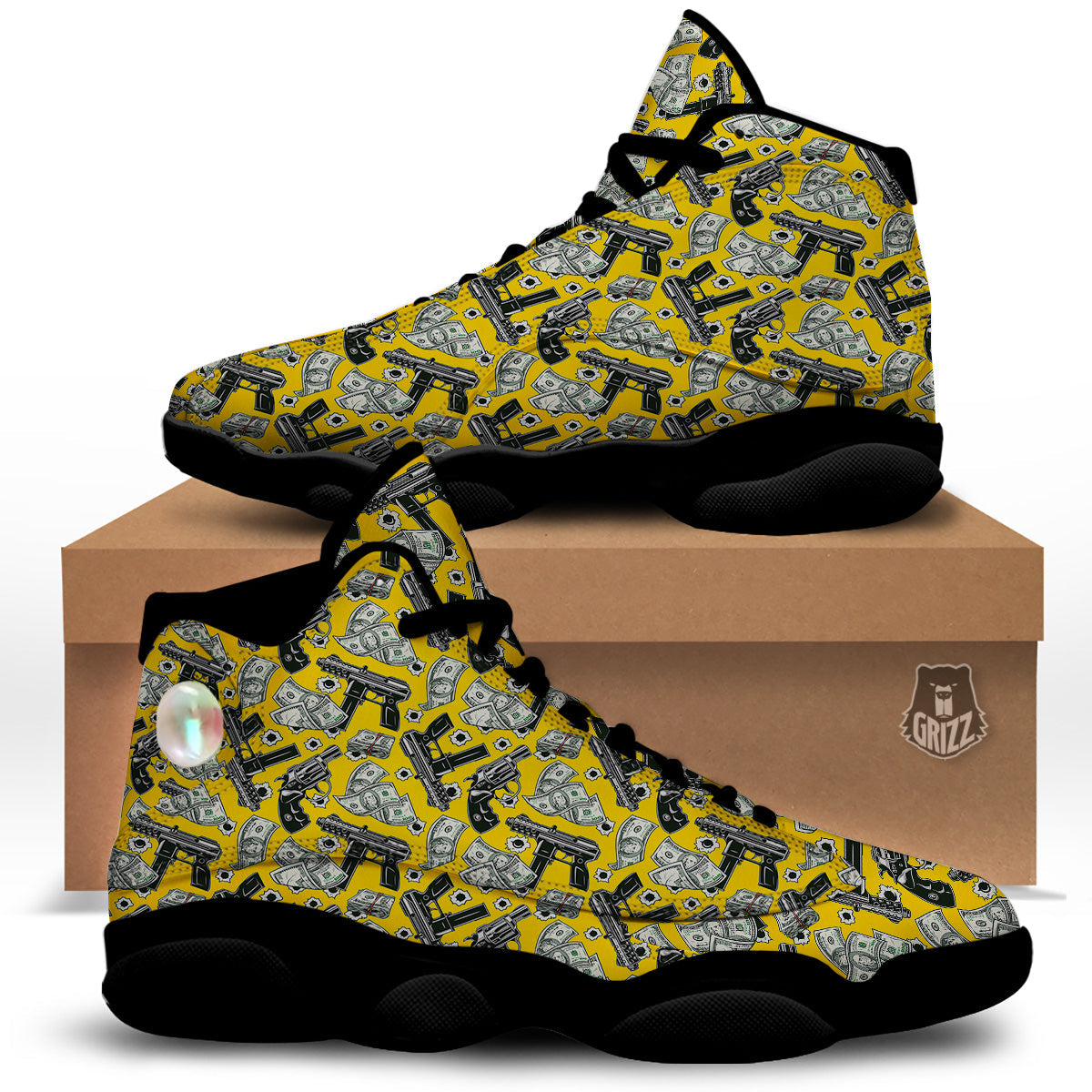 Money And Weapon Vintage Print Pattern Black Basketball Shoes-grizzshop