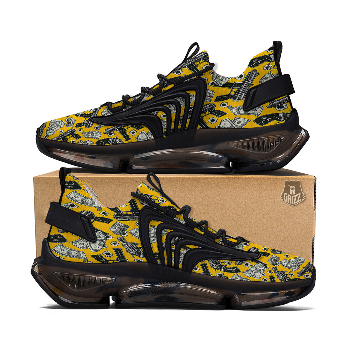 Money And Weapon Vintage Print Pattern Black Gym Shoes-grizzshop