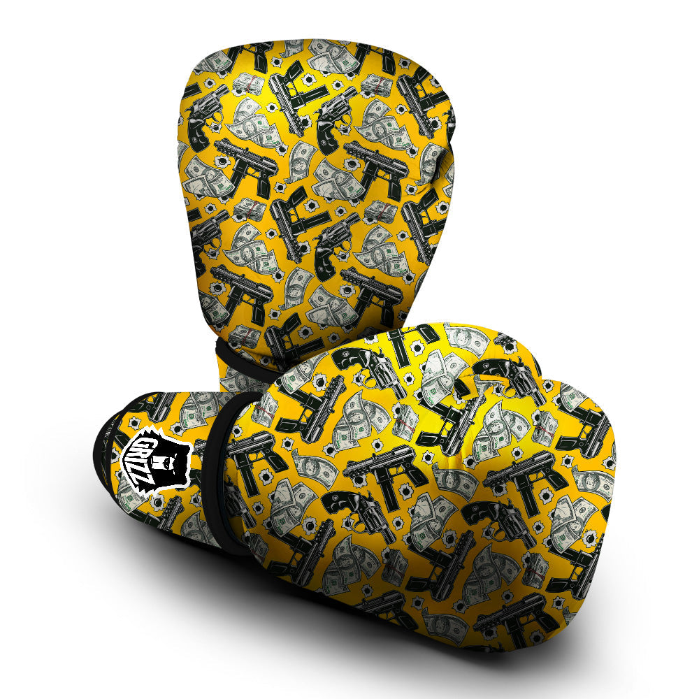 Money And Weapon Vintage Print Pattern Boxing Gloves-grizzshop