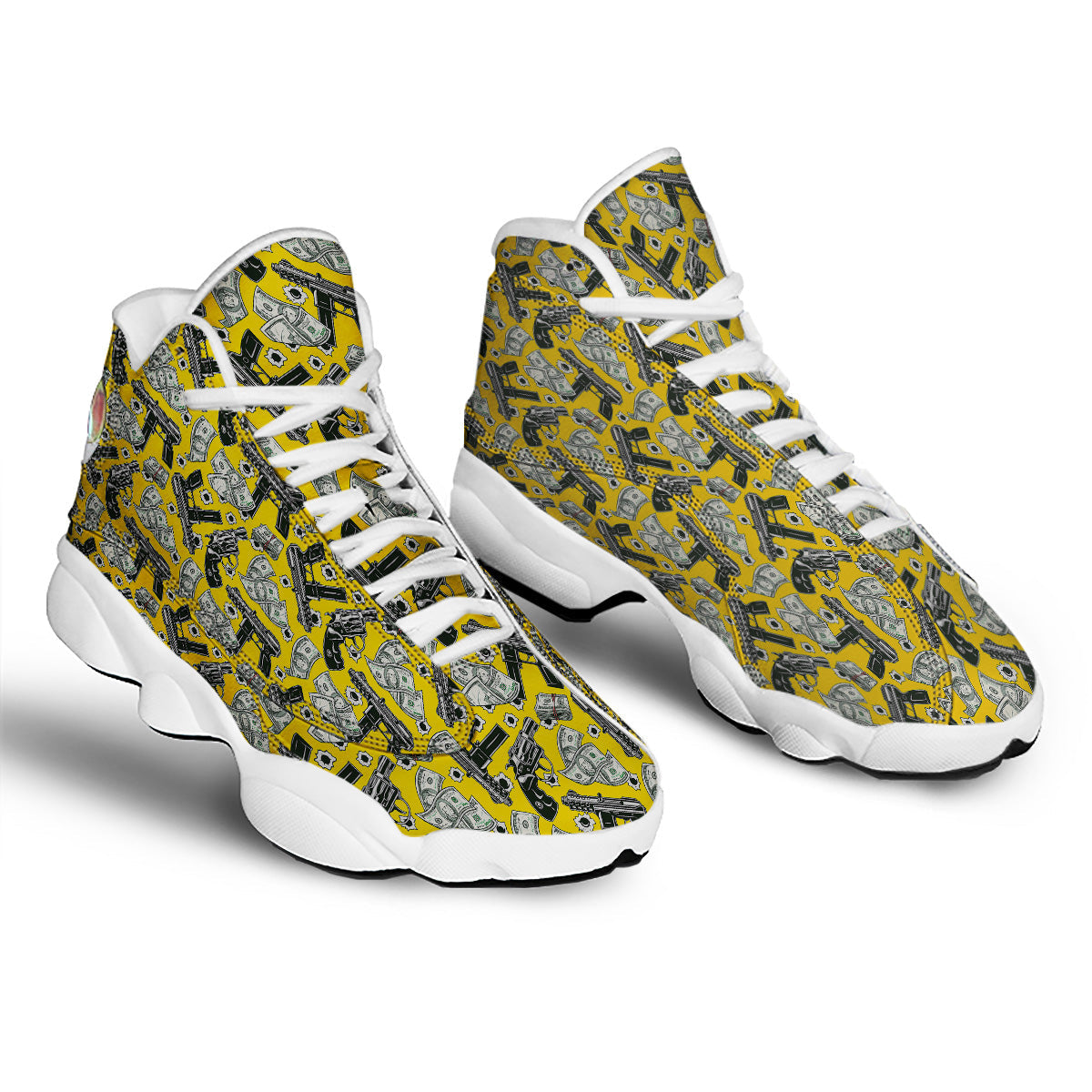 Money And Weapon Vintage Print Pattern White Basketball Shoes-grizzshop