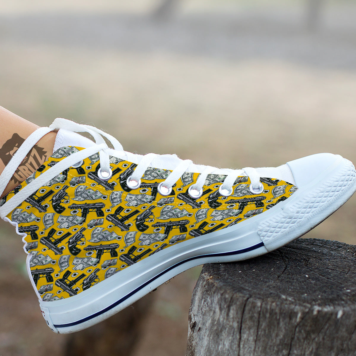 Money And Weapon Vintage Print Pattern White High Top Shoes-grizzshop