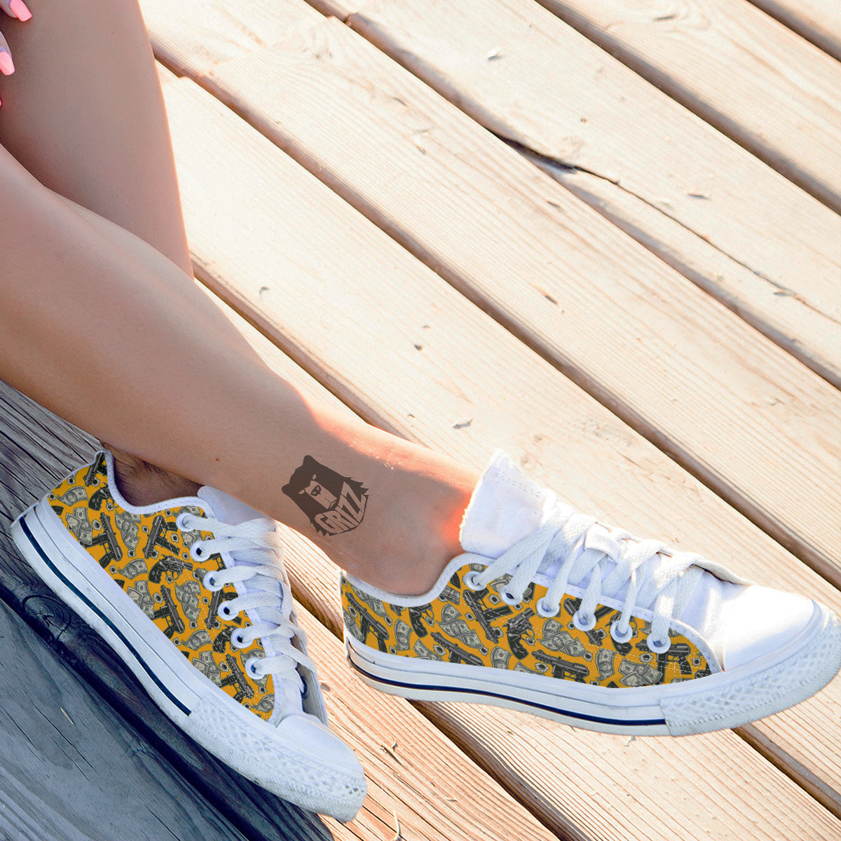 Money And Weapon Vintage Print Pattern White Low Top Shoes-grizzshop