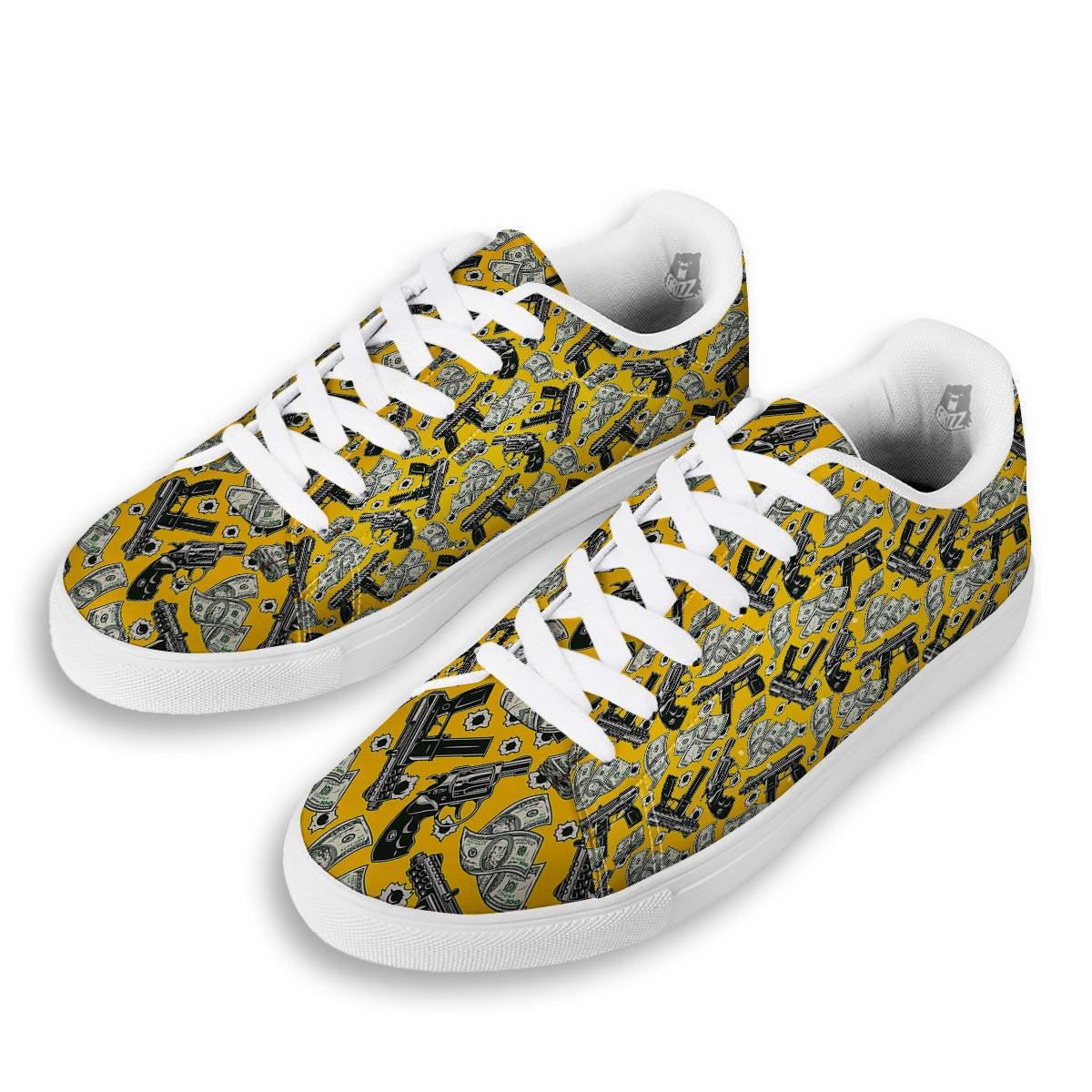 Money And Weapon Vintage Print Pattern White Low Top Sneakers-grizzshop