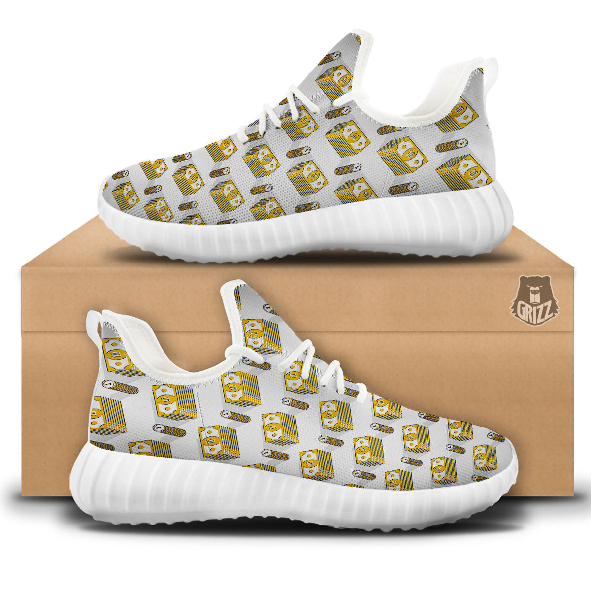 Money Cash Print Pattern White Walking Shoes-grizzshop