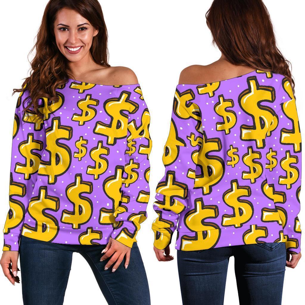 Money Dollar Pattern Print Women Off Shoulder Sweatshirt-grizzshop