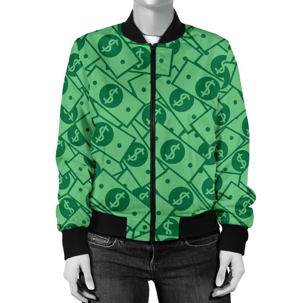 Money Dollar Print Pattern Women Casual Bomber Jacket-grizzshop