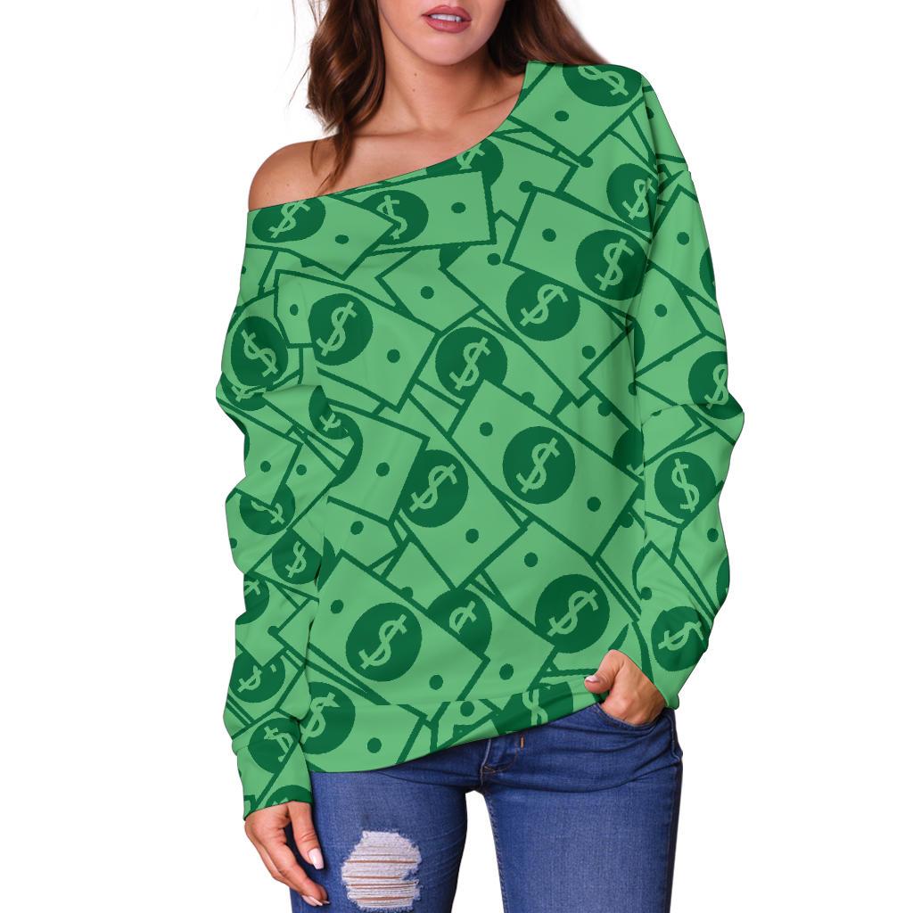 Money Dollar Print Pattern Women Off Shoulder Sweatshirt-grizzshop