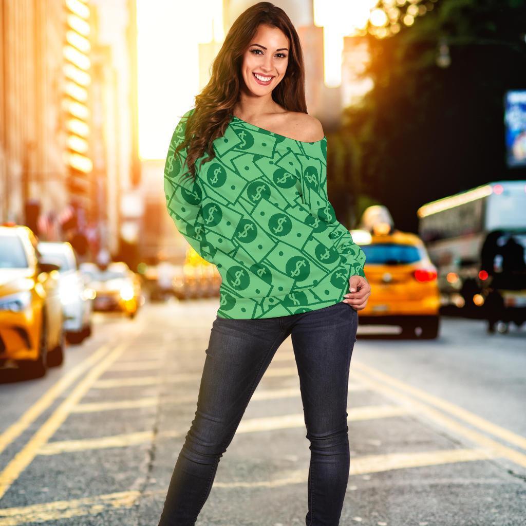 Money Dollar Print Pattern Women Off Shoulder Sweatshirt-grizzshop