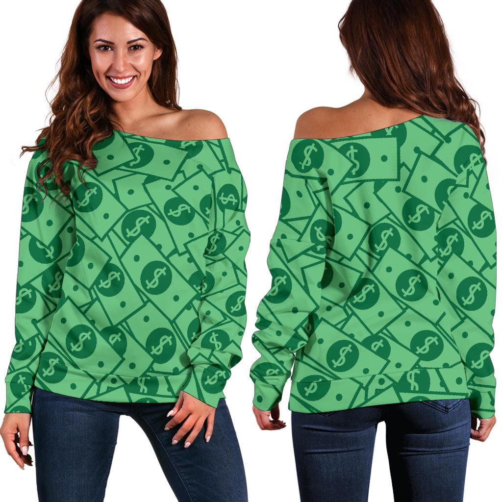 Money Dollar Print Pattern Women Off Shoulder Sweatshirt-grizzshop