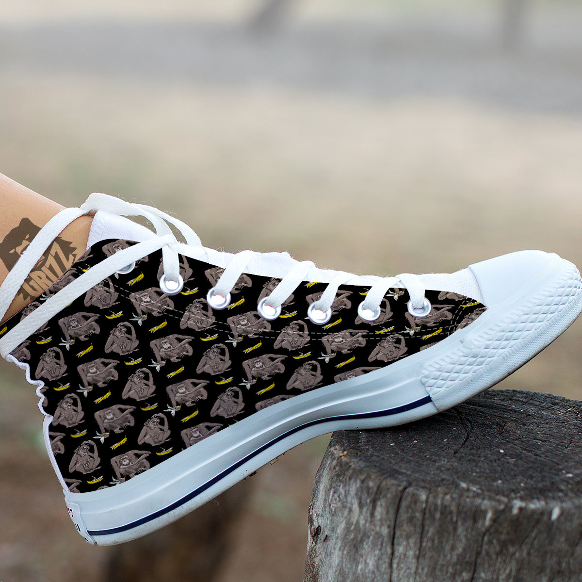 Monkey And Banana Print Pattern White High Top Shoes-grizzshop