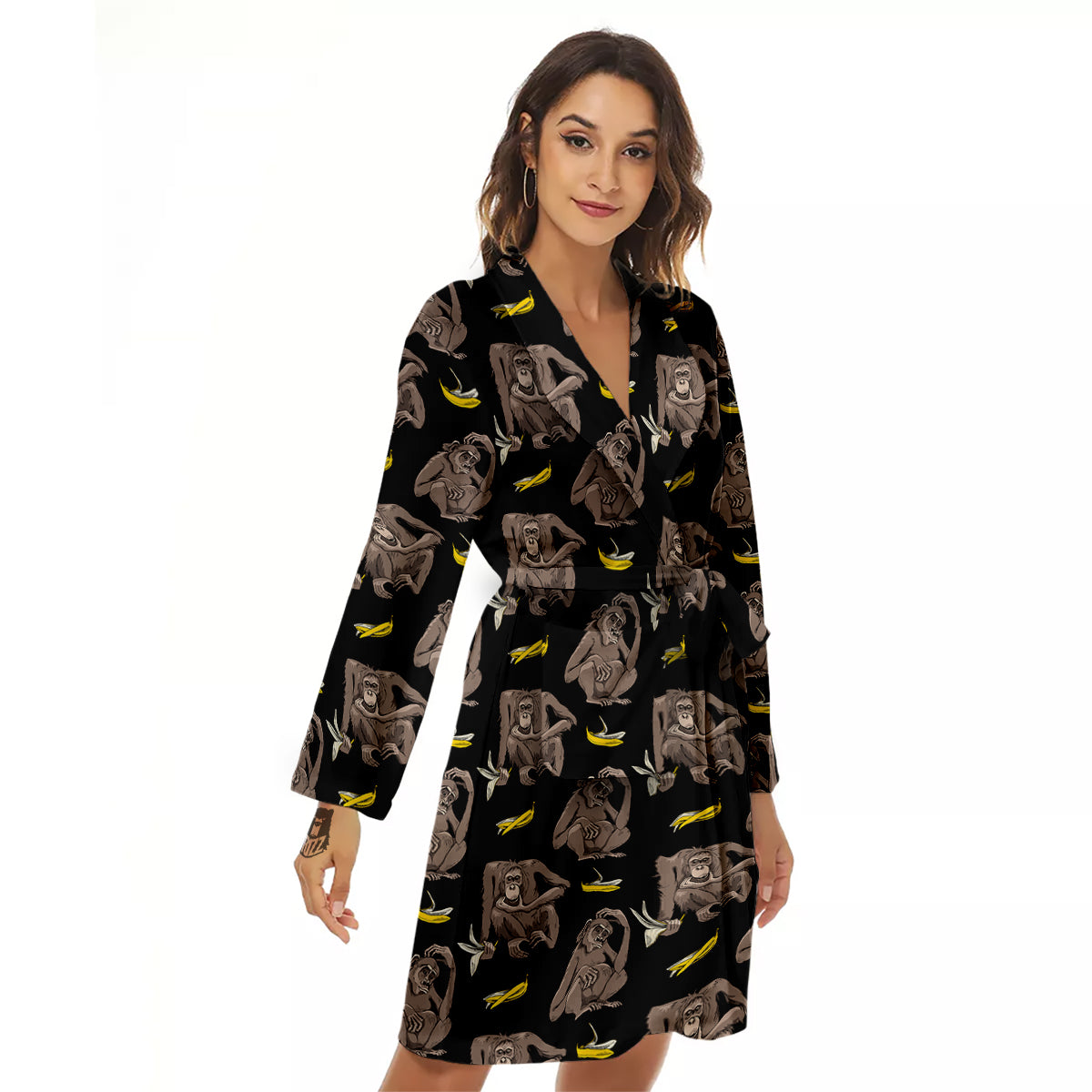 Monkey And Banana Print Pattern Women's Robe-grizzshop