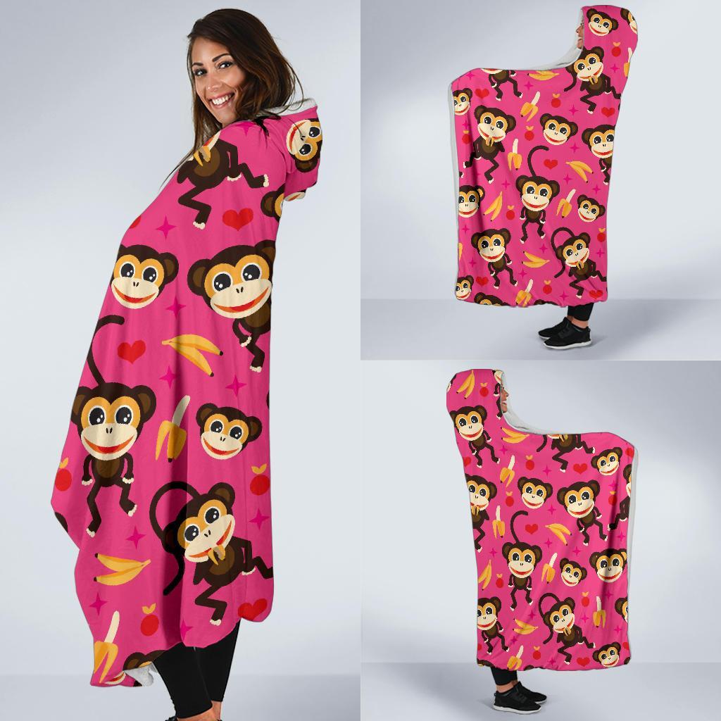 Monkey Banana Pattern Print Hooded Blanket-grizzshop