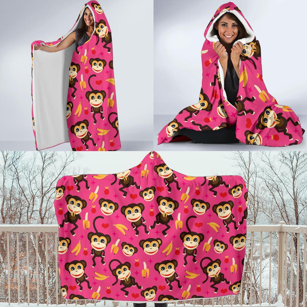 Monkey Banana Pattern Print Hooded Blanket-grizzshop