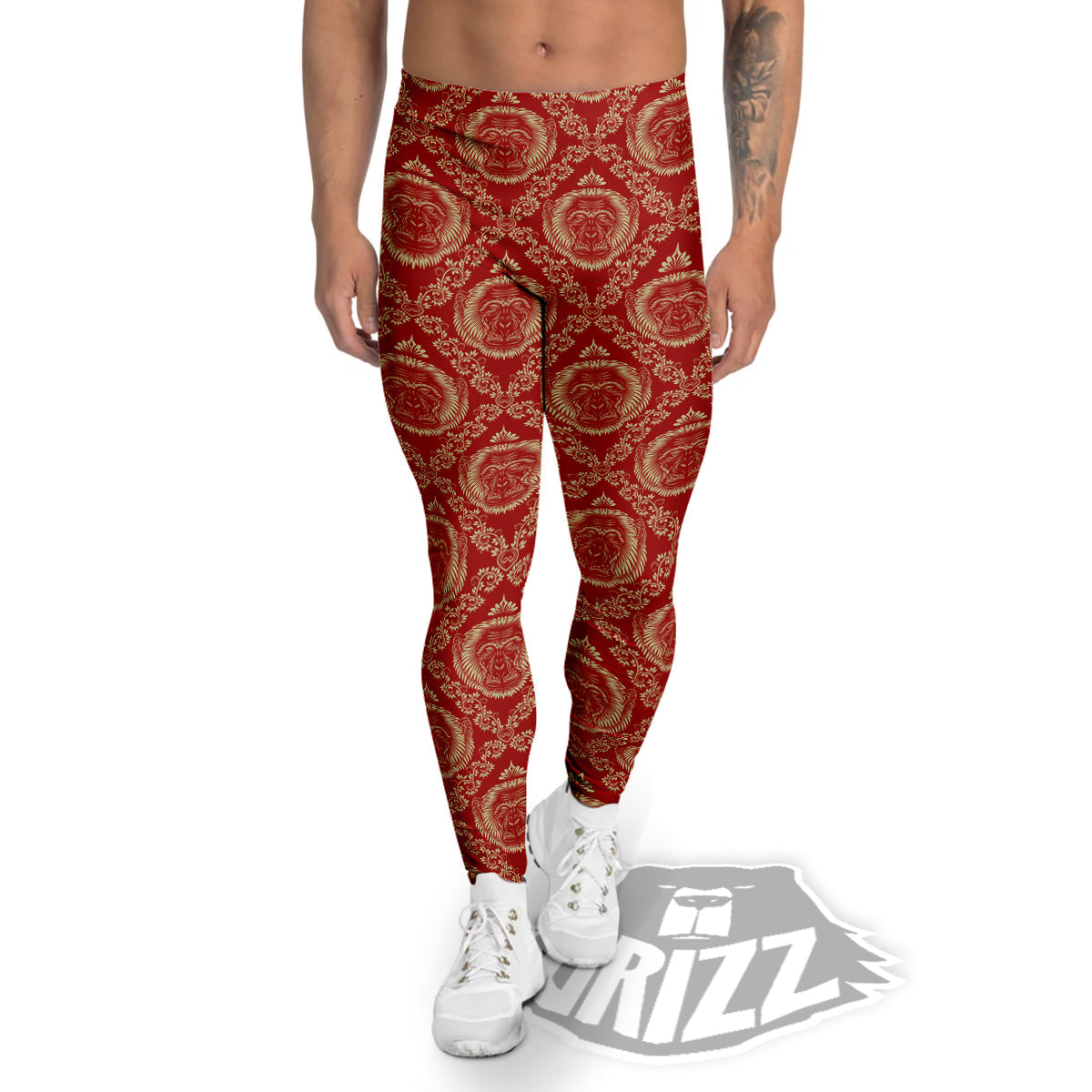 Monkey Head Floral Ornament Print Pattern Men's Leggings-grizzshop