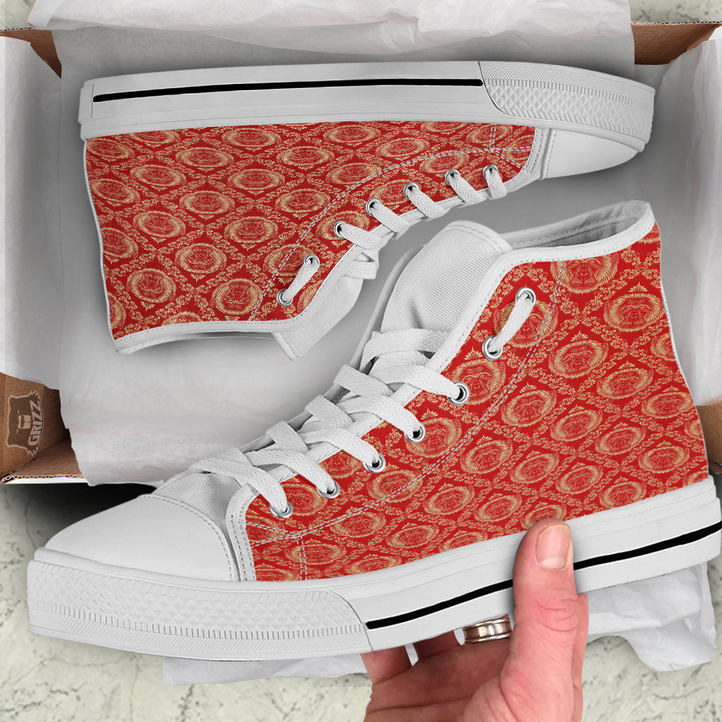 Monkey Head Floral Ornament Print Pattern White High Top Shoes-grizzshop